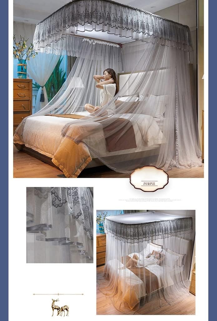 Bed Canopy U-Shaped Mosquito Net for Home Bedroom, Lace Bed Canopy with Metal Stand, Encrypted Dustproof Three Doors (Color : A5, Size : 180x200x200cm)