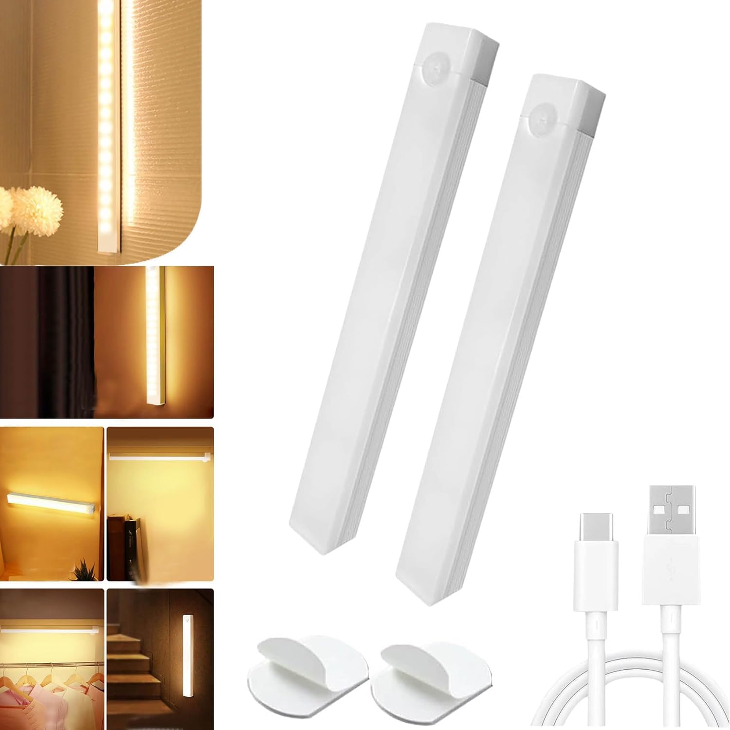 Zhkvag Warm Punch-Free Smart Sensor Magnetic Rechargeable Led Lights, 4 In Motion Sensor Light Indoor, Rechargeable Motion Activated Cabinet Lights, Cordless Under Cabinet Bedroom Stair Led Lighting (,2)
