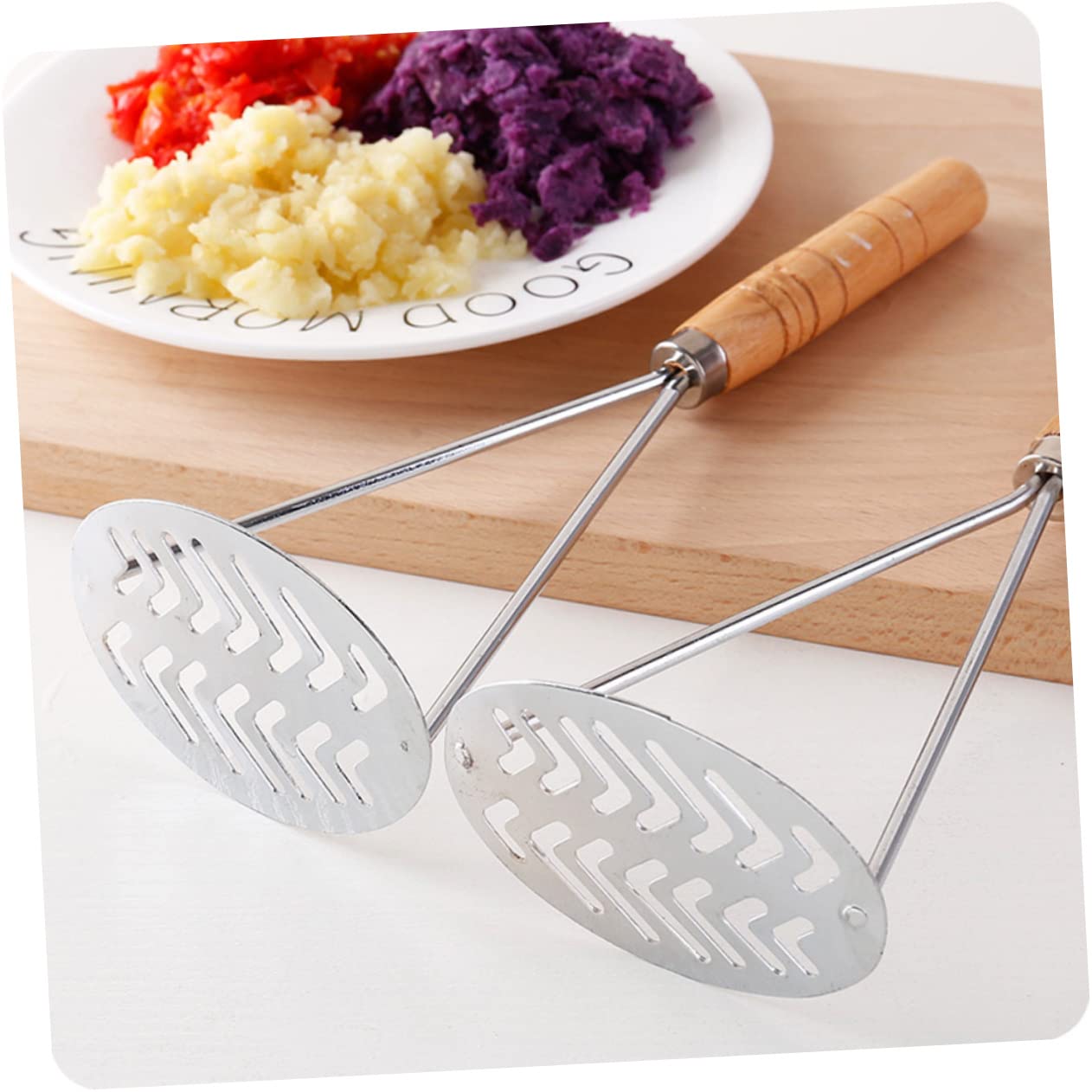OUNONA 5pcs Wooden Handle Potato Masher Easy to Clean Kitchen Utensil for Mashed Potatoes and Vegetables Non Slip Design for Comfortable Use for Home and Restaurant