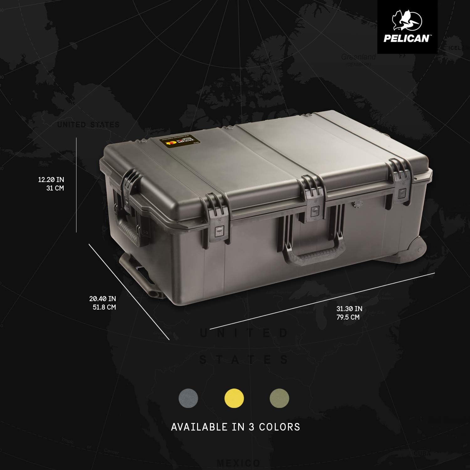 Pelican Storm iM2950 Protective Case with dimensions labeled, showing interior foam.