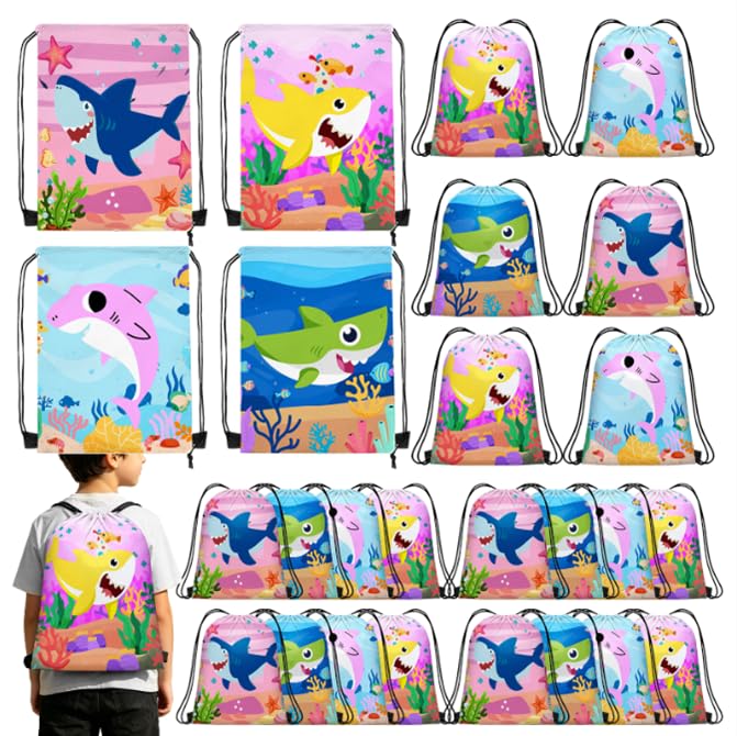 24 Pcs Shark Drawstring Bag Bulk 31 x 26 cm Shark Party Gift Bags Ocean Animals Goodie Bags for Candy Snack Treat Wrapping Under The Sea Sharks Birthday Party Favors Shower Decorations Supplies