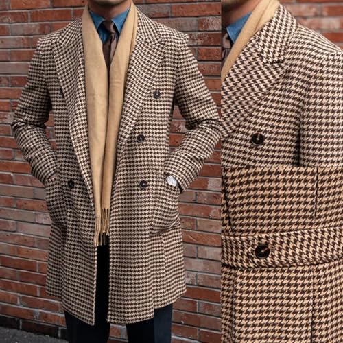 VENNNYNG Houndstooth Long Coat for Men Double Breasted Plaid Overcoat Groom Wear Long Jacket3