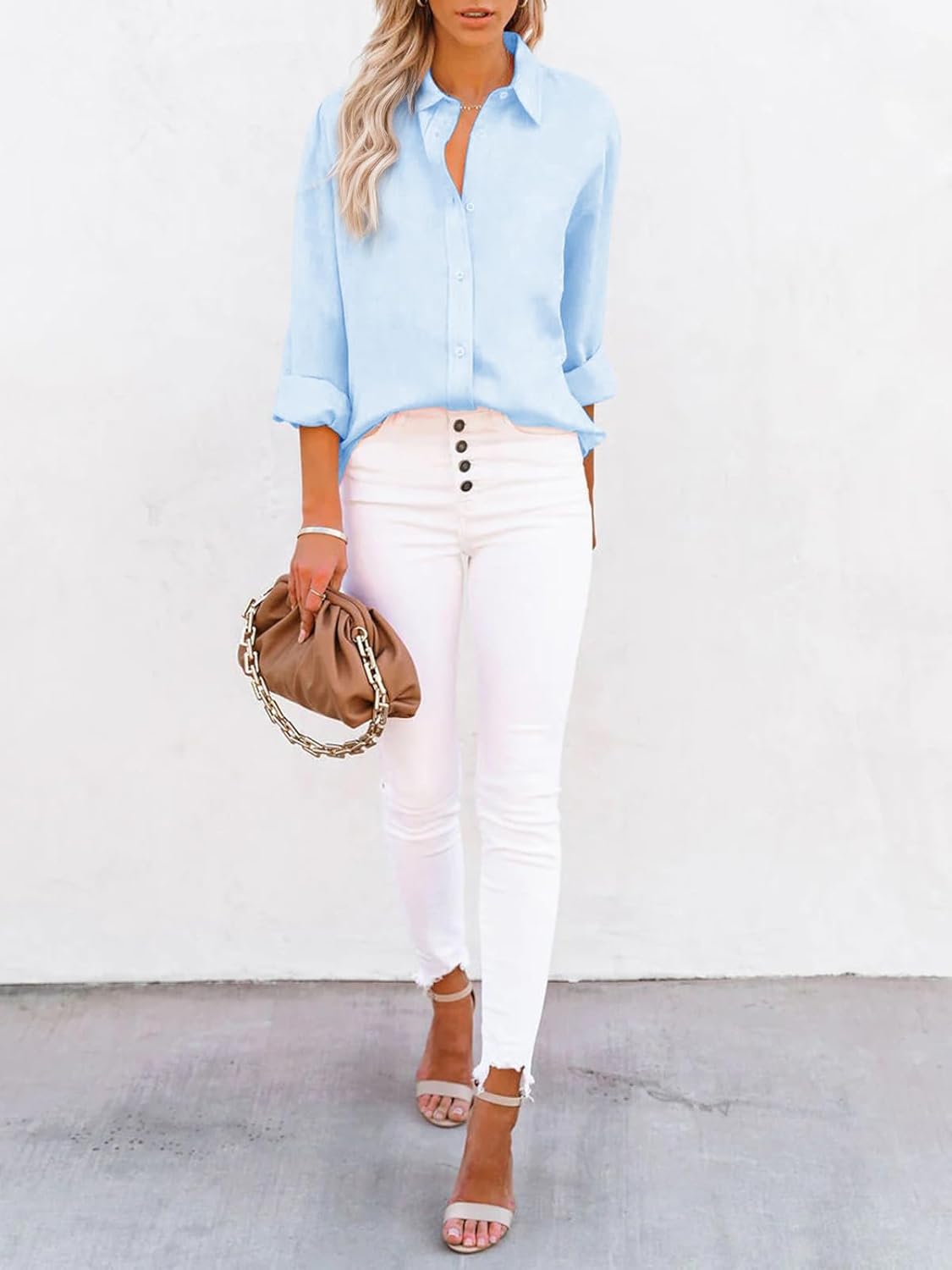 siliteelon Button Down Shirts for Women Dress Shirts Long Sleeve Wrinkle-Free Blouse Casual Solid Office Work Tunic Top - Be Sky Blue XL - Image 3