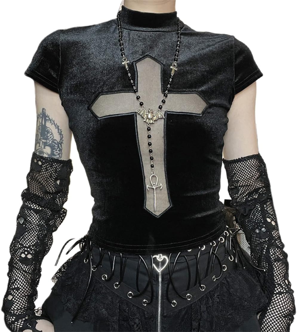 Gothic Crop Top for Women Goth Fairy Grunge Tank Tops Punk T-Shirt Streetwear Workout Tees Emo Blouse