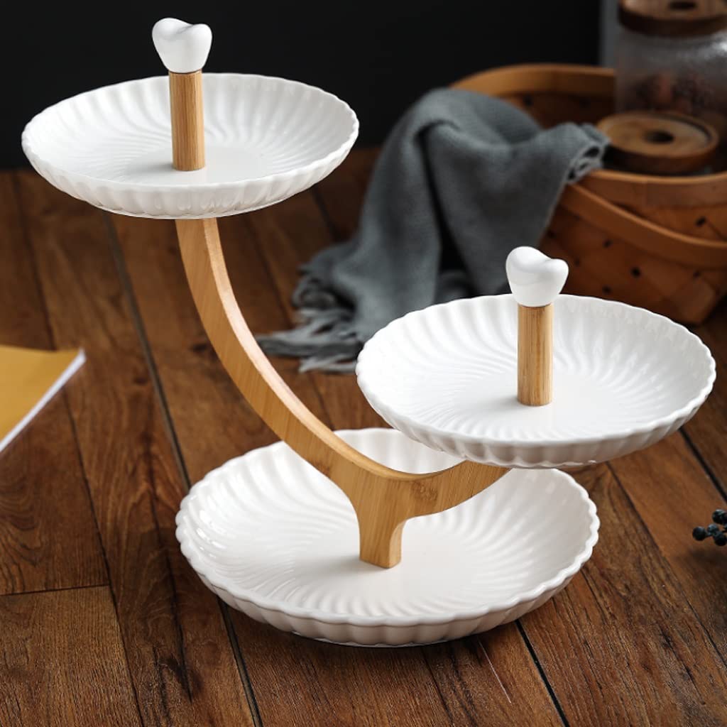 Patera na Owoce Miska na Owoce Kosz na Owoce Zestaw miski owocowej z naturalnym bambusowym stojakiem, ceramiczny koszyk owocowy serwujący taca zestaw do owoców, przystawka deserowy, ciasto, cukierki S