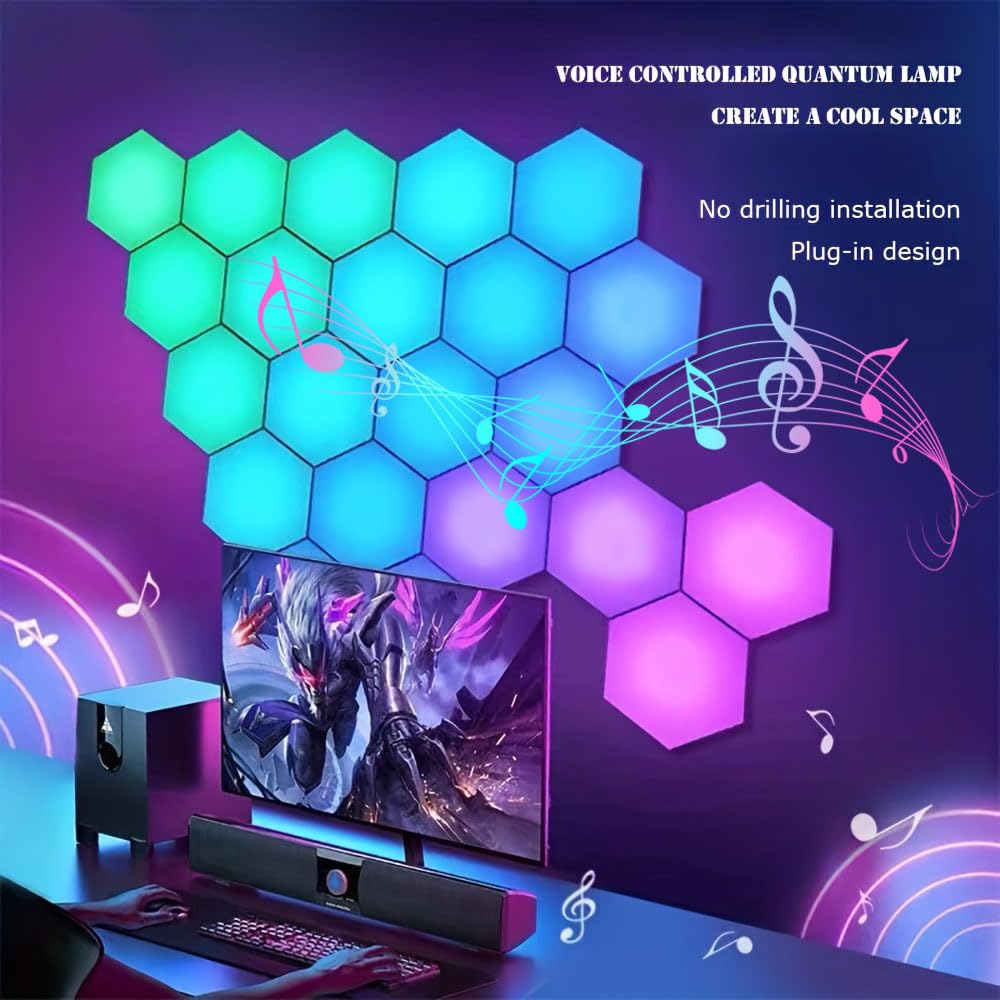 Vcwtty - Luces hexagonales de sincronización de música, luces LED inteligentes de pared, paquete de 10 unidades, paneles de pared RGB modulares ensamblados, luz hexagonal con alimentación USB para