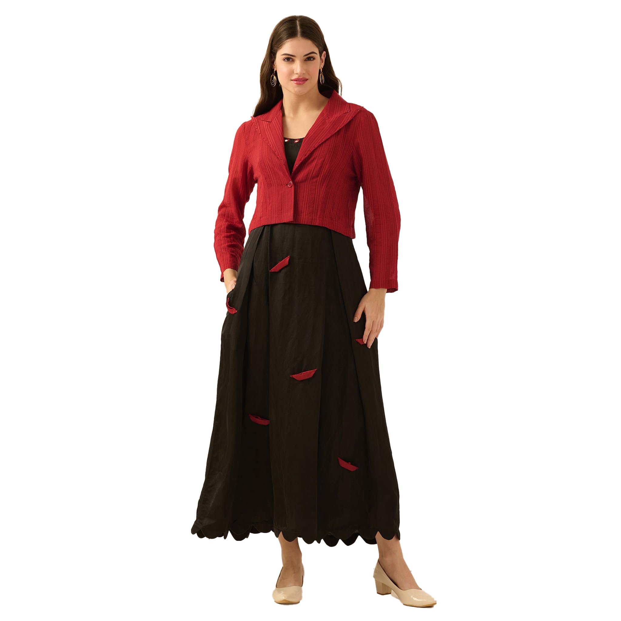 Red Embellished Short Blazer in Banana Check for Women by Ramola Bachchan-image-41