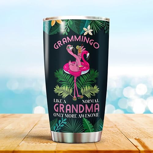 Vaso de flamenco personalizado con texto en inglés To My Grandma From Grandma de acero inoxidable con tapa de 20 onzas