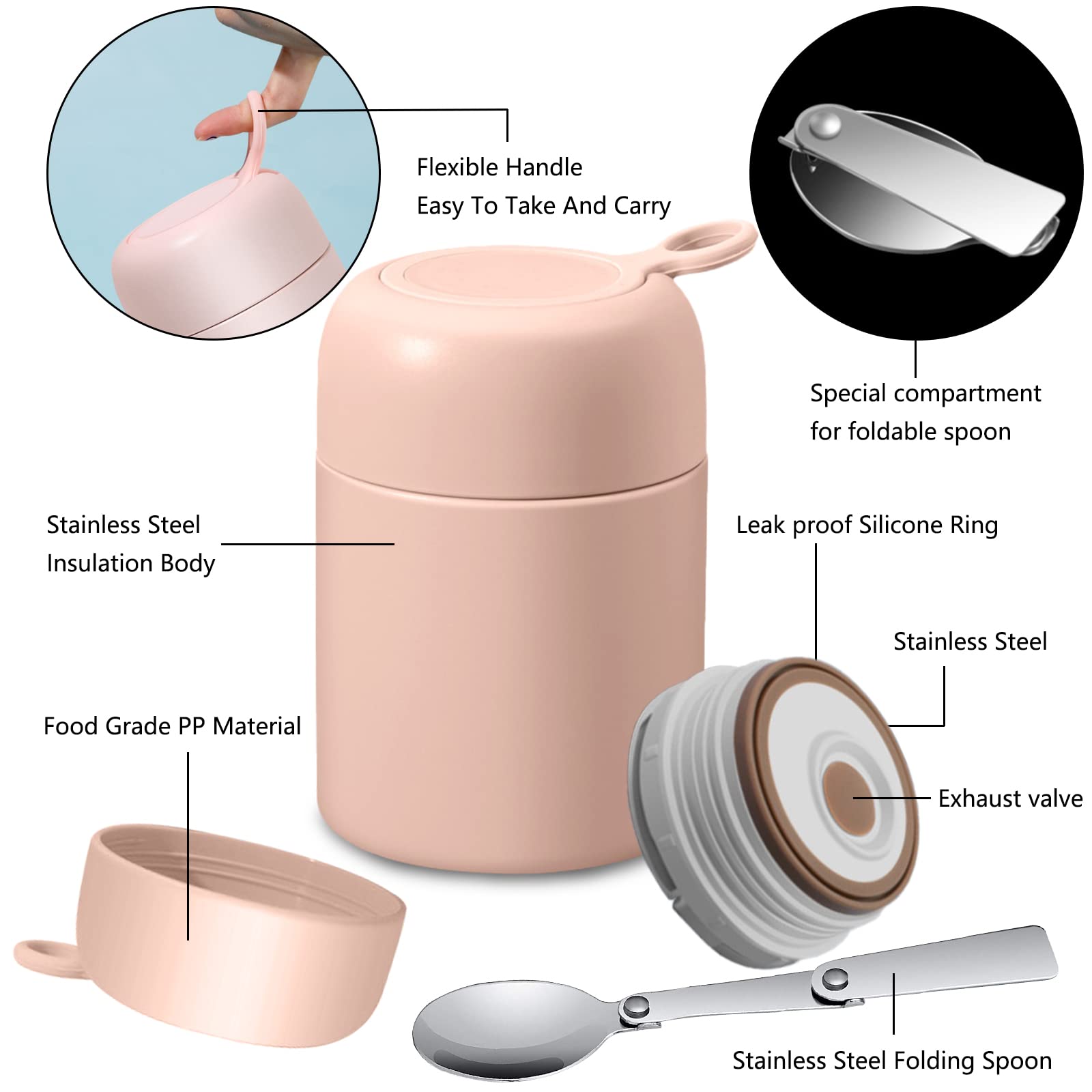 Thermos Zuppa 500 Ml In Acciaio Inox Con Cucchiaio Pieghevole – Contenitore Isotermico Antiperdita Per Ufficio E Campeggio
