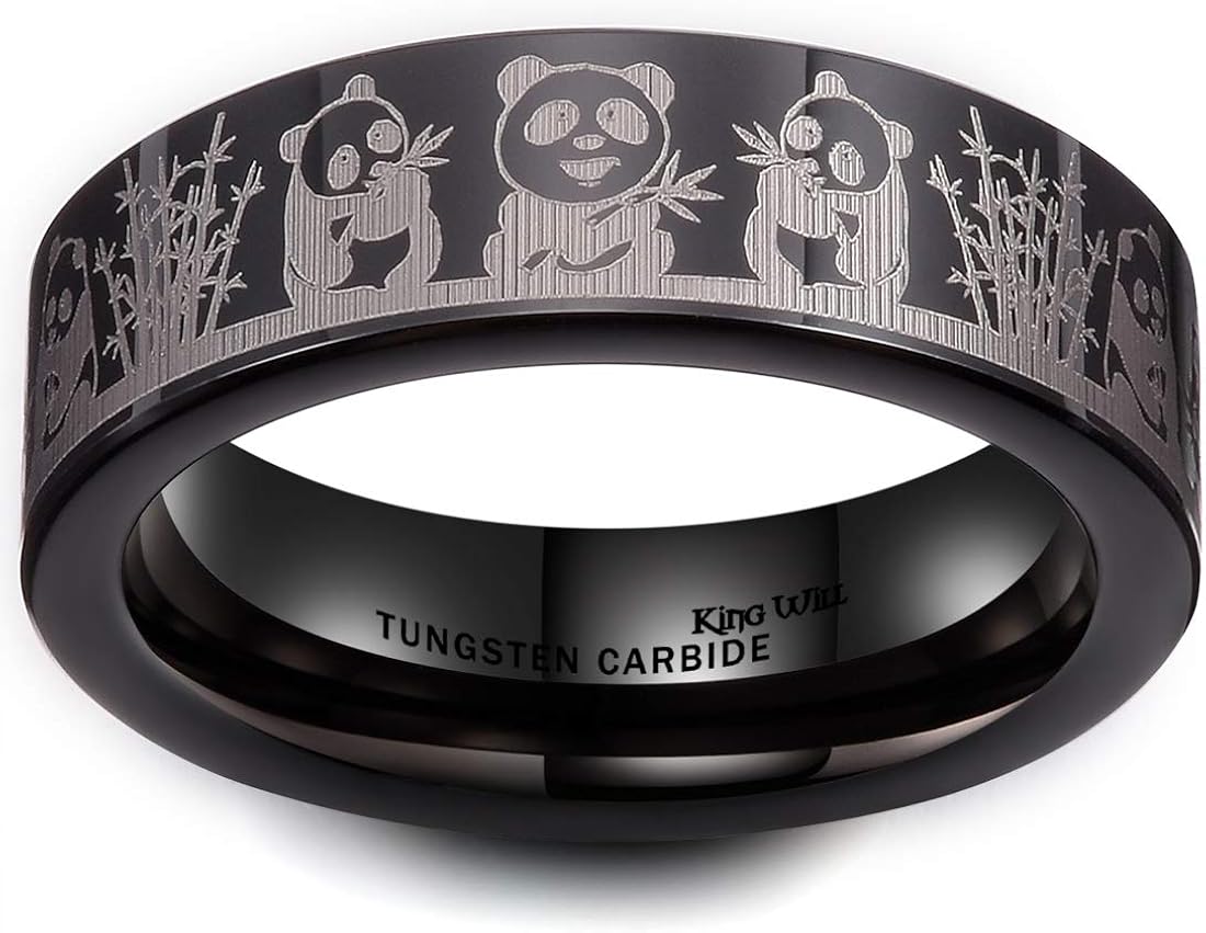 King Will Mens 6mm 8mm Black Silver Tungsten Carbide Wedding Ring Inlaid Lasered Seagull/Forest Landscap/Panda/Deer/Hunting/Fly Fishing Brushed Wedding Rings for Men Women