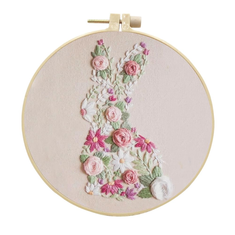 Meecaa Rabbit Animal Flower Embroidery Kit Starter Set, Hand Embroidery Set,Pattern Printed Cross Stitch Set for Beginner Adults, with Embroidery Hoop and Instructions (Rabbit)