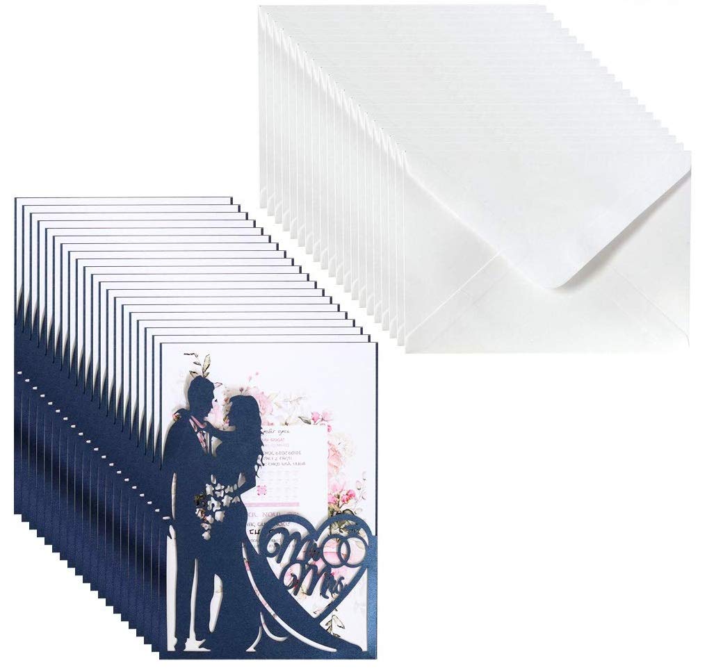 qiuxiaoaa 20Pcs / Set Laser Cut Mr & Mrs Invitaciones de Boda Tarjeta Invitar Sobres Kit Nupcial Ducha Compromiso Suministros para Fiestas Boda Invitación a Cielo Abierto Verde