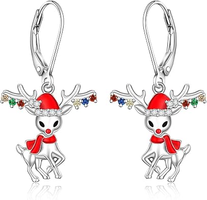 Christmas Reindeer Earrings for Women Sterling Silver Red Santa Deer Dangle Drop Leverback Earrings Colored Antler Holiday Xmas Jewelry Gifts