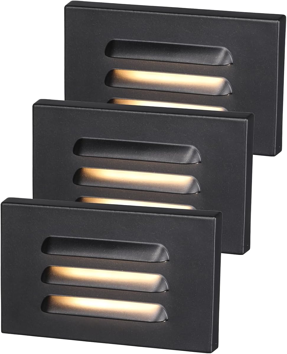 LEONLITE Paquete de 3 luces LED para escalones de 5 CCT y 120 V, con rejilla, negro | Horizontal, 10%-100% regulable, CRI90, ETL, luces de escalera para interiores y exteriores, ubicación húmeda, 2700K/3000K/3500K/4000K/5000K, aluminio