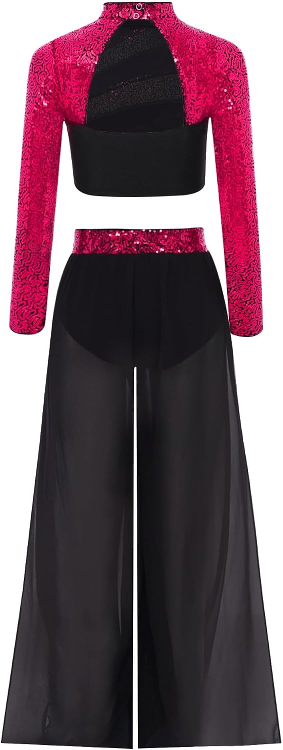 Alvivi Girls Sequin Jazz Dance Outfits Sparkle Long Sleeve Crop Top with Wide Leg Mesh Pants Hip Hop Dancewear