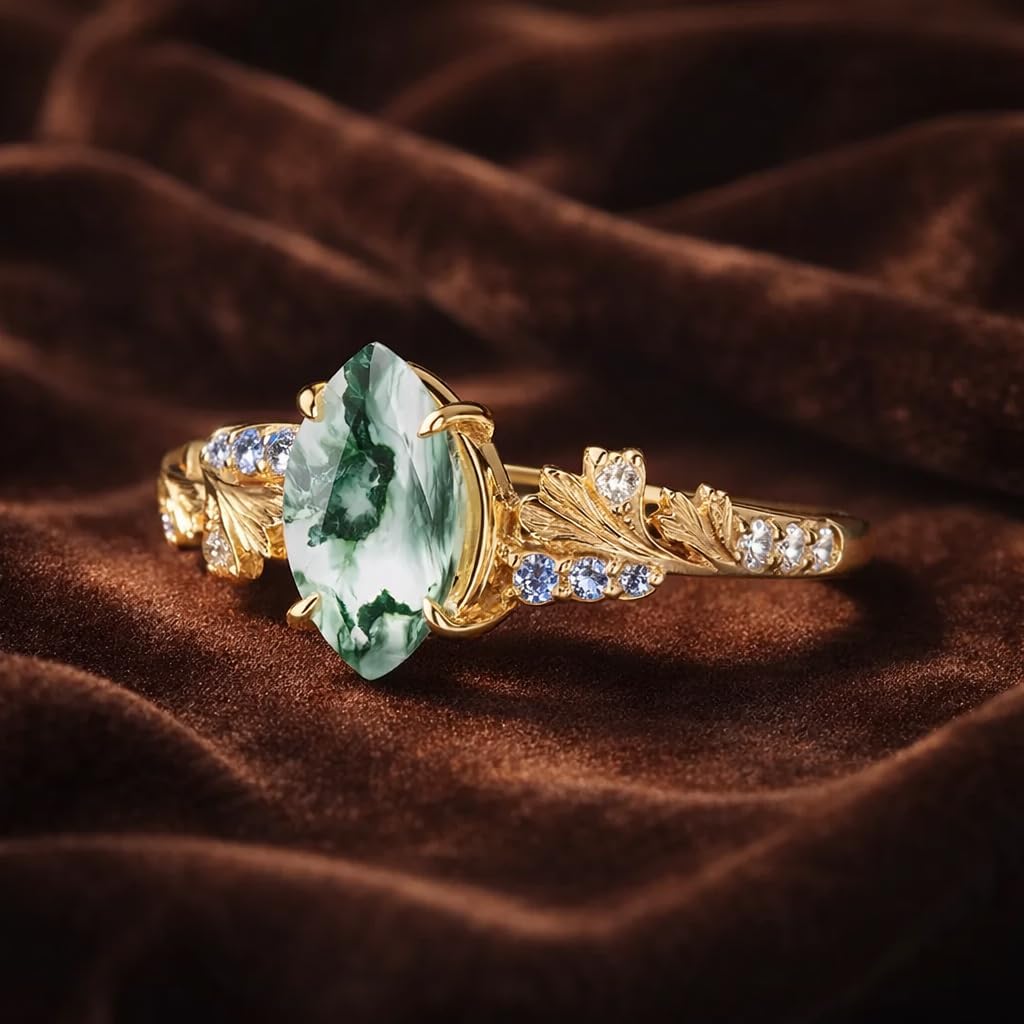 14K Yellow Gold Moss Agate Engagement Ring Leaf Ring with Lavender Accent Stones Vintage Alternative Promise Art Deco Jewelry Gift for Her