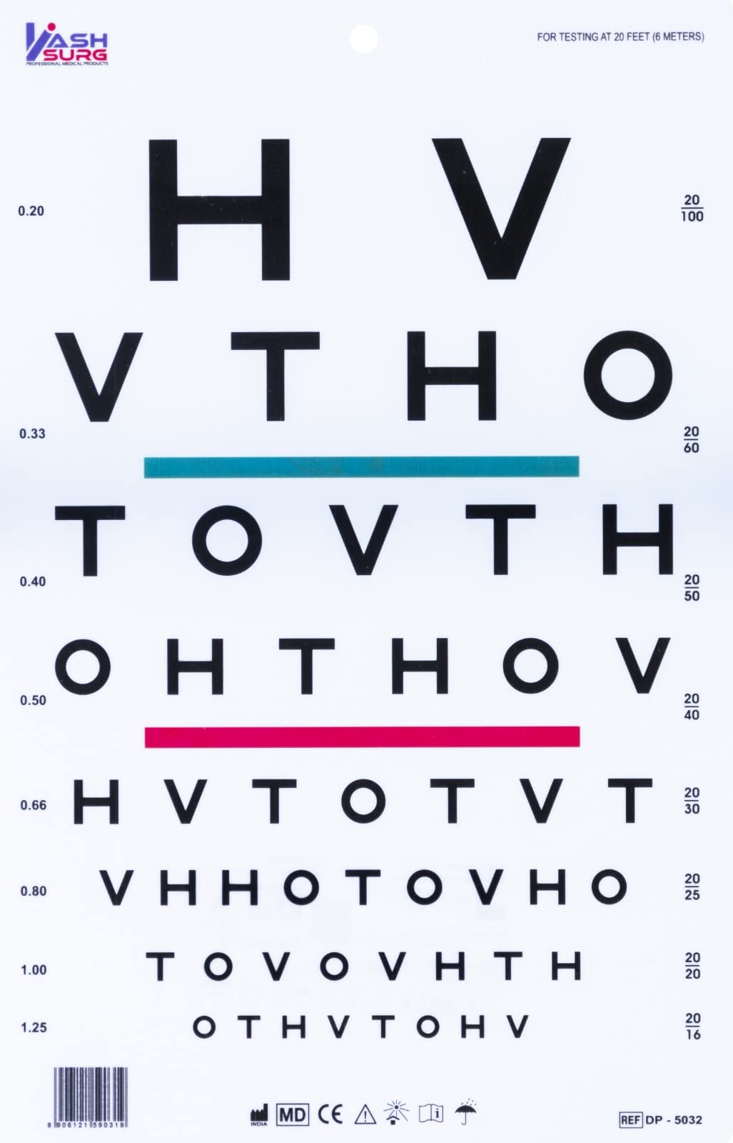 DP-5032 HOTV Optotype Eye Chart with Red Green Bars, Visual Acuity Test 6m / 20ft