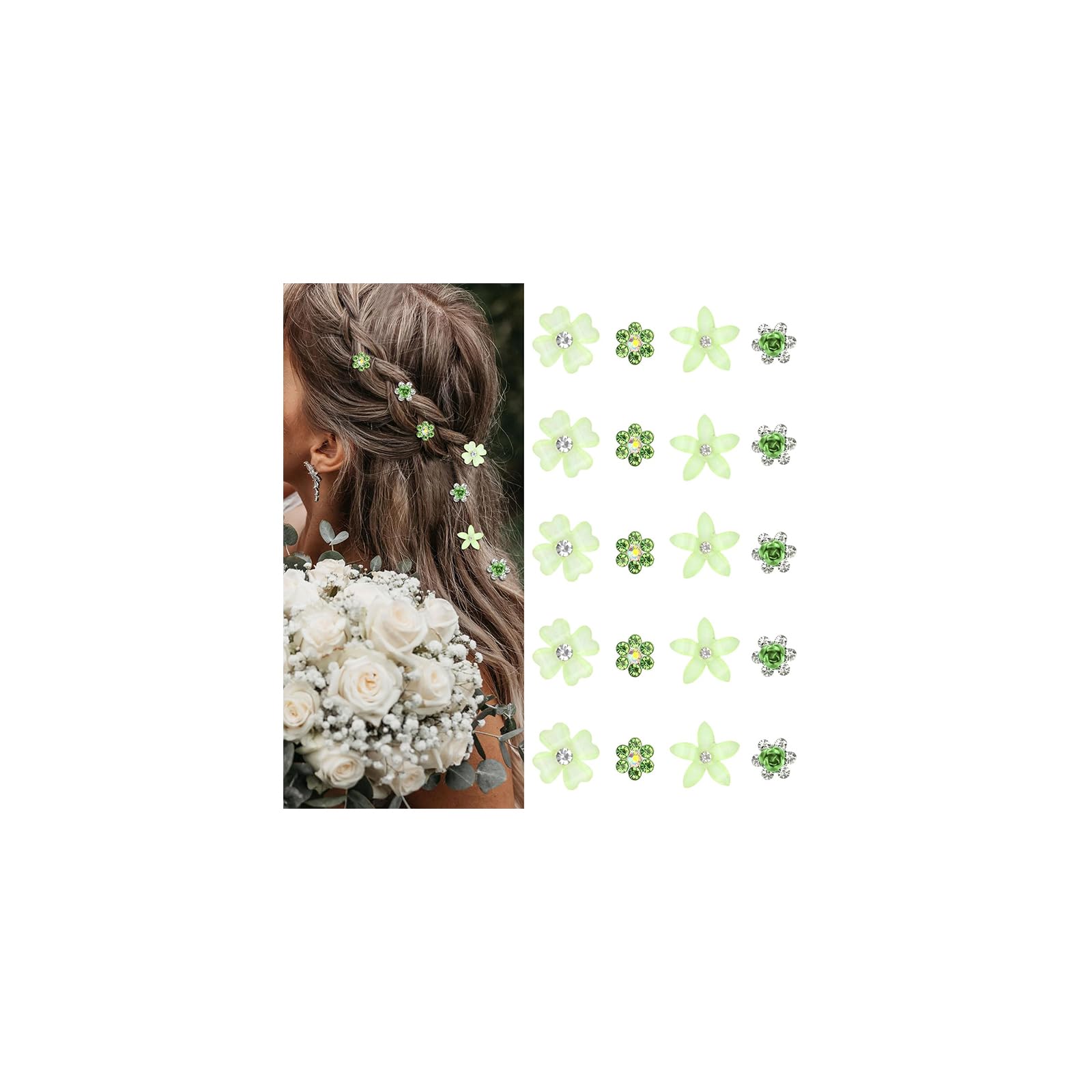 Mezrkuwr 20 Stück Grün kleine Blumen-Haarspangen, Mini-süße Strass-Metall-Haarnadeln für Frauen, Hochzeit Haarschmuck, Braut-Haarspangen für Mädchen (4 Blumenmuster)