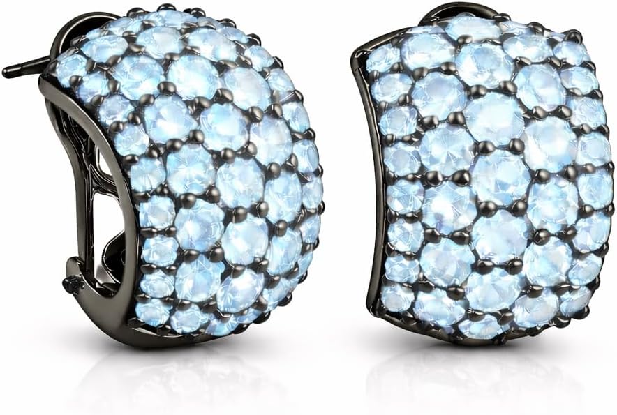 Sterling Silver Clip On Earrings with Natural Blue Topaz, Pave Setting