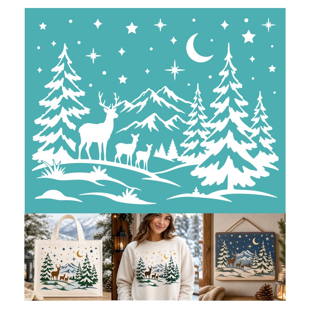 GOMAKERER 2 Sheets Forest Deer Silk Screen Stencil, Mountain Wildlife Scene Self-Adhesive Silk Screen Printing for Wall Border Wood Fabric Home Craft Decor
