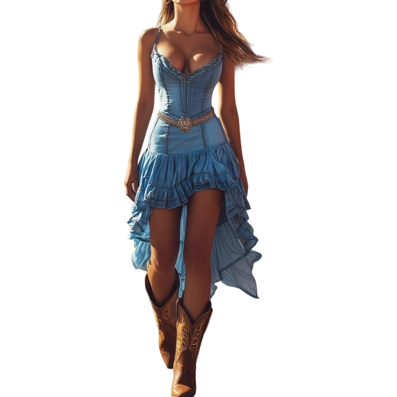 Women's Vintage Western Cowboy Denim Dress Off Shoulder Sleeveless Ruffle Asymmetric Split Hem Halloween Costume 70S Inspired Prairie Outfit Country Party Dresses Cosplay Wear — image 1
