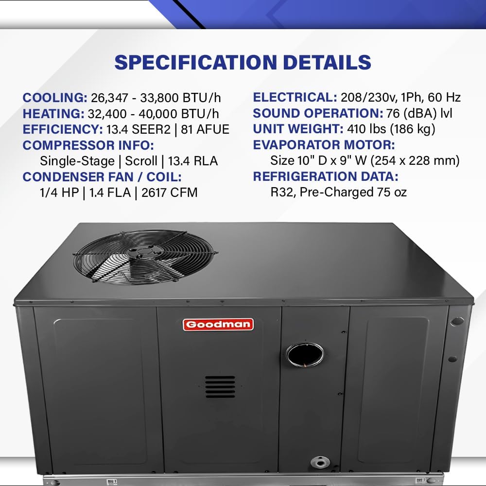 Goodman 3 Ton 13.4 SEER2 40,000 BTU Gas Package Unit with Install Kit - R32 Horizontal | 81% AFUE Liquid Propane AC/Heating System