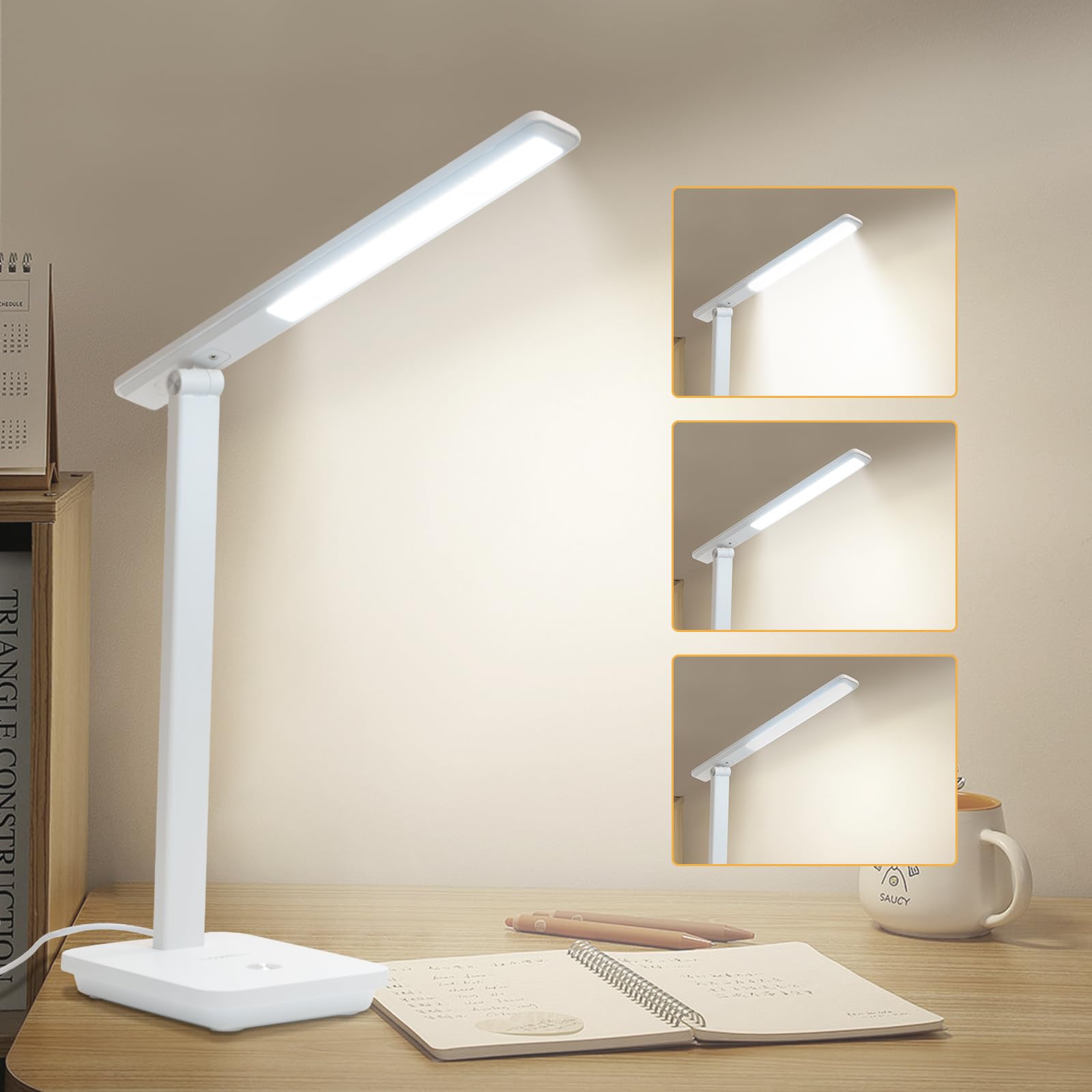 LQWELL® Lampa Biurkowa LED Odłączana, 3 Poziomy Jasności, Możliwość Przyciemniania, Lampa Stołowa Do Domowego Biura, Obrót Od 0° Do 180°, 6500 K (Biały)