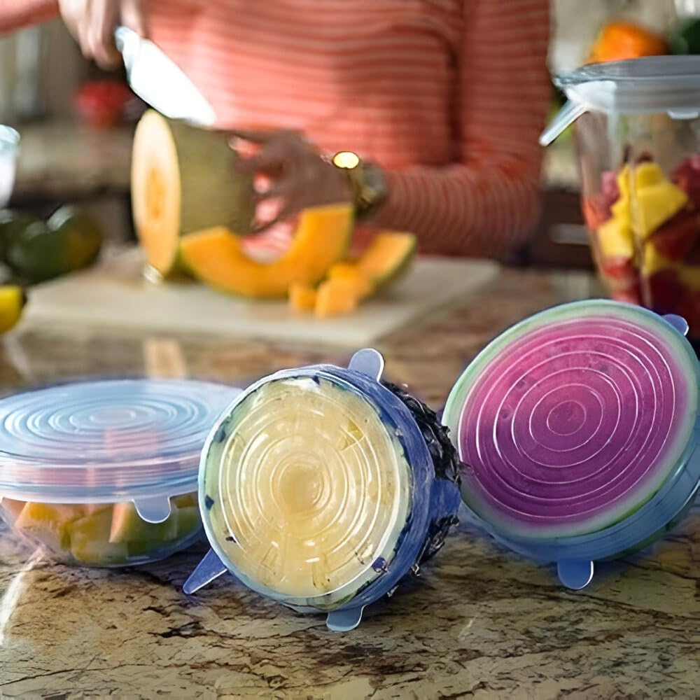 SHAPAT 6 SILICON STREACHABLE LID,Silicon Stretch lids for containers Stretchable Food Grade air Tight Sealer Cover for Bowls Cups pots cans Jars Glassware 3