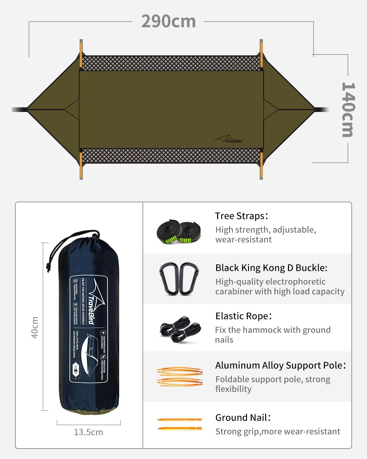 Camping Hammock Tent with Mosquito Net and Removable Sunshade, 4 in 1 Function, Lightweight Hanging Hammocks Tree Straps Swing, Bivvy Ground Tent for Outside, Hiking, and Travel