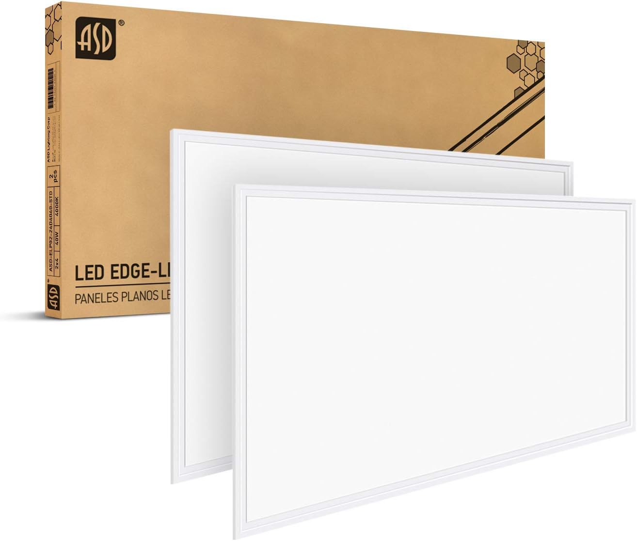 ASD 2x4 LED Flat Panel Light 40W (100W Repl) 4000K (Bright White) Dimmable 2x4 Drop Ceiling Indoor Commercial Fixture 4643 LM 120-277V, UL, DLC 2Pack
