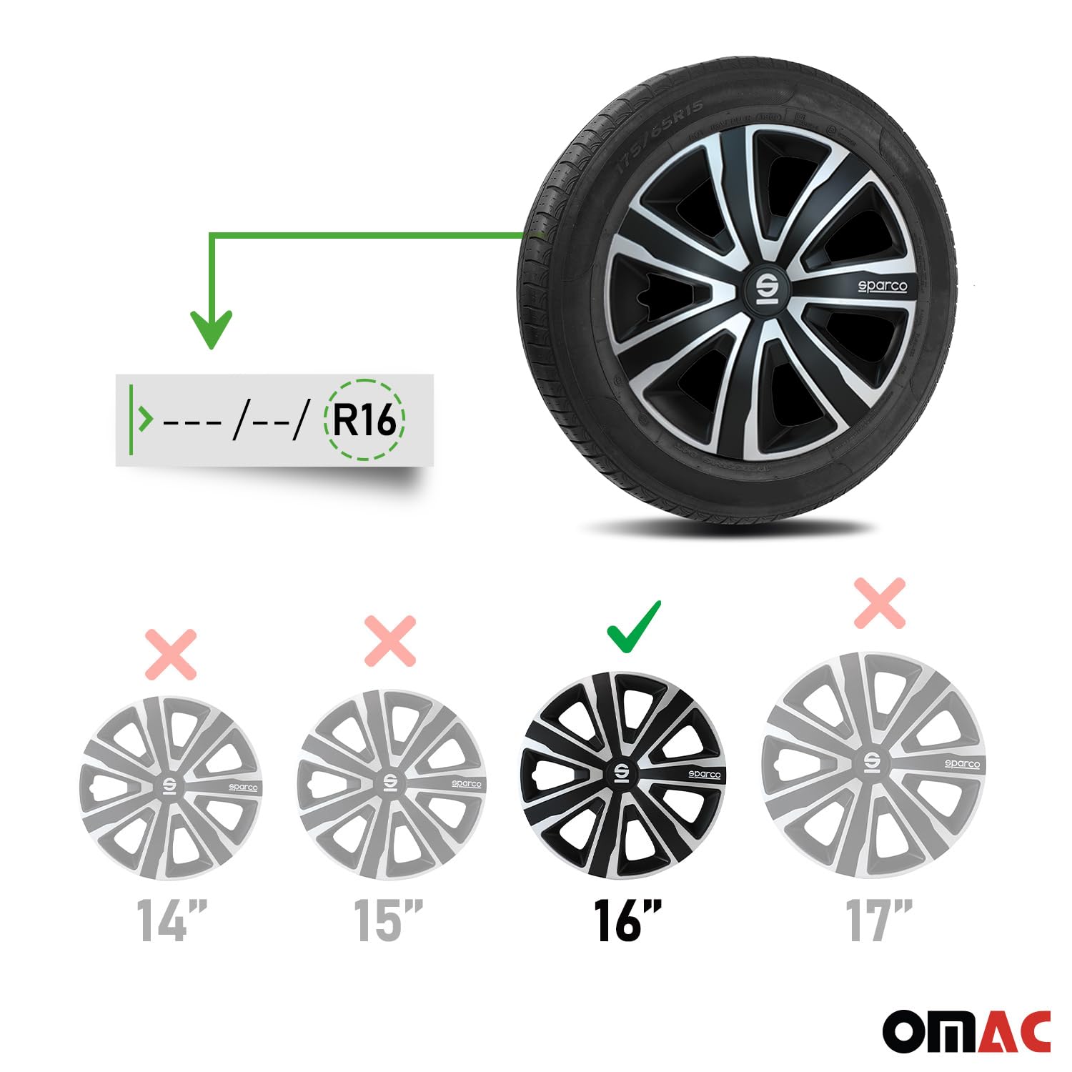 SPARCO Enjoliveurs 16'' pouces Cap De Roue Jeu Enjoliveur Auto noir argent SPC1681SVBK