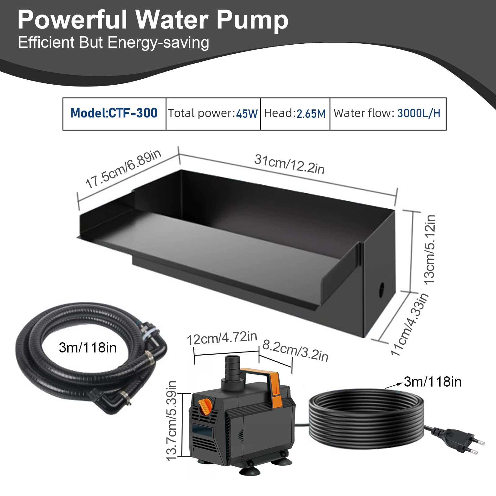 Wasserfall Set 30 cm 304 Edelstahl 45W 3000 L/h Pumpe 3m Schlauch