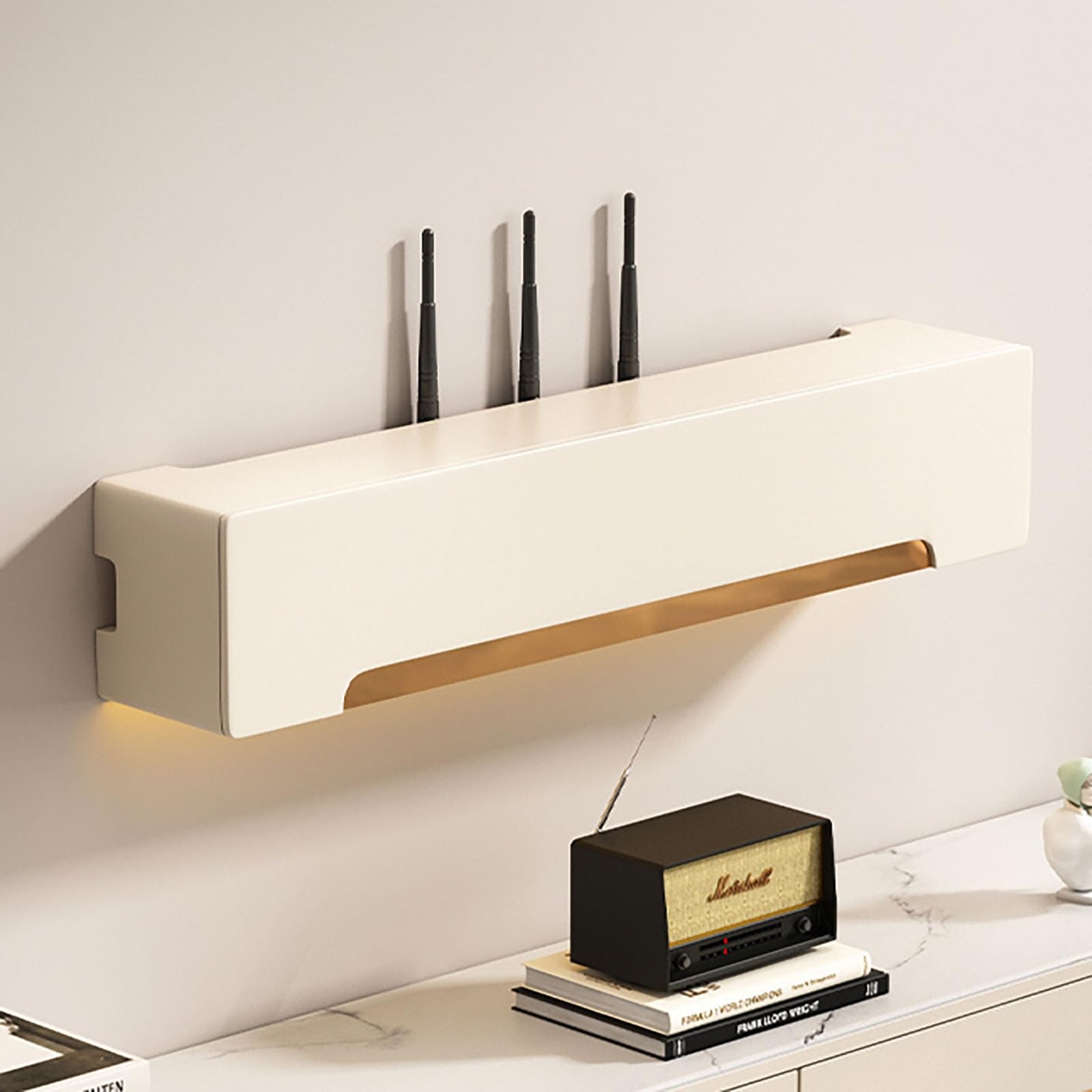 MESCXTY Wooden Router Shelf Wall Mount WiFi Storage Box,WiFi Cabinet,WiFi Hidden Box,Cable Management,for Home and Office(Cream White,L23.6in/60cm)