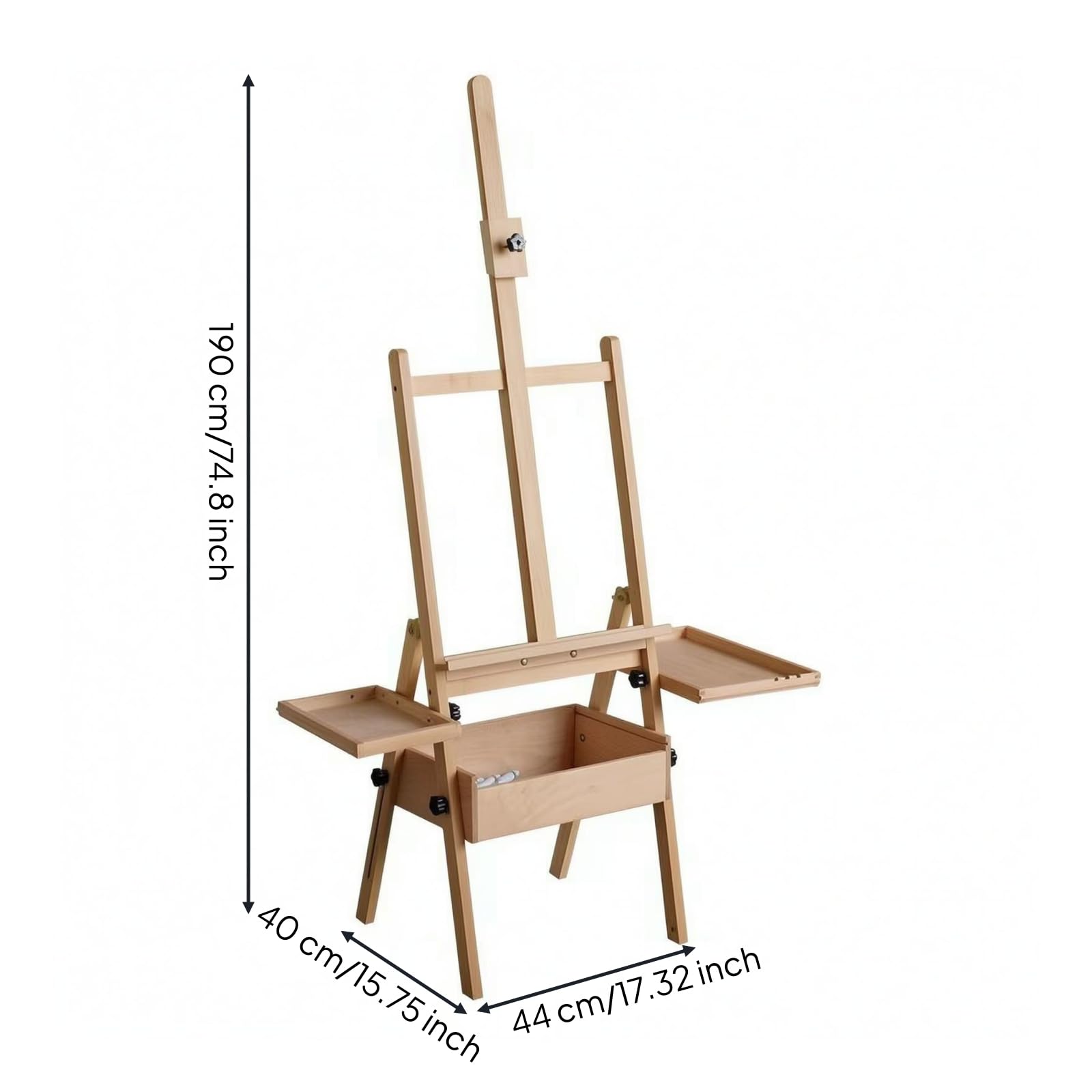 kowaku Caballete de Arte Ajustable Caballete Atril Soporte Trípode Regulable de 115 Cm y Bandeja con Cajas Laterales en Madera, Caballete De Madera Con Bandeja, Color Madera Original