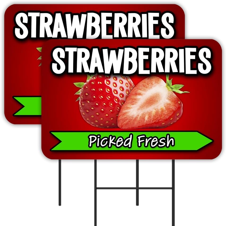 Strawberries 2 Pack Double-Sided Yard Signs 16" x 24" with Metal Stakes (Made in Texas)