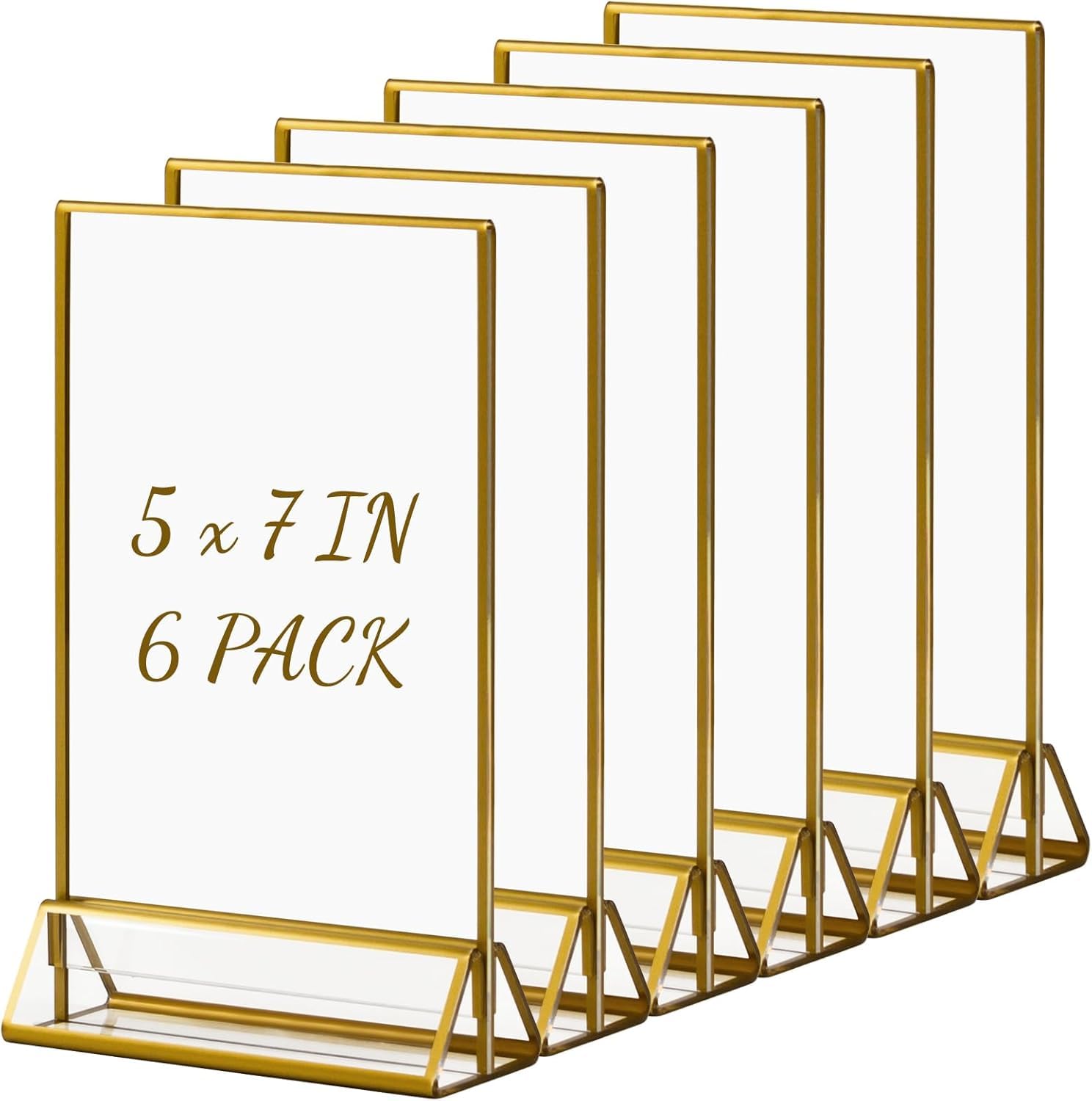 Boxalls Acrylic Sign Holders 5x7 in Gold, 6 Pack Picture Frame Table Number Wedding Holder, Vertical Photo Stand Double Sided, Menu Recipe Restaurant Reserved Display Centerpieces Bulk Frames