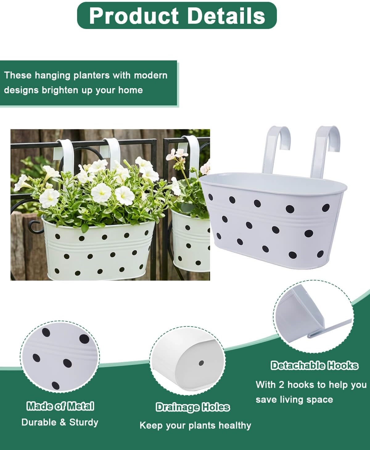 Railing planter box - 3 Pack Metal Hanging Flower Pots with Detachable Hooks & Drainage Holes, Window Oval Bucket Fence Hanging Planters for Outdoor Plants Garden Balcony Home Decor, White with Spot