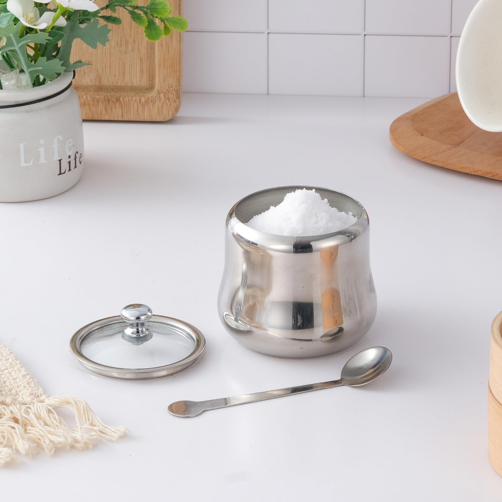 Azucarero decorativo de acero inoxidable de 12 onzas con cuchara y tapa de vidrio, pequeños tarros de especias para condimentos, olla de condimentos para cocina, mesa de café