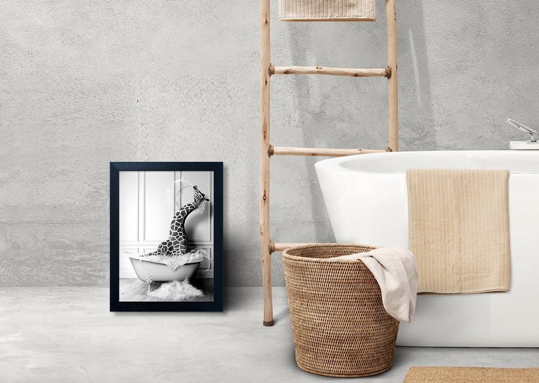 Bathroom Pictures Wall Decor Black and White Wall Art Funny Animal Canvas Print Giraffe in Bathtub Framed Farmhouse Painting Kids Bathroom Signs Decor