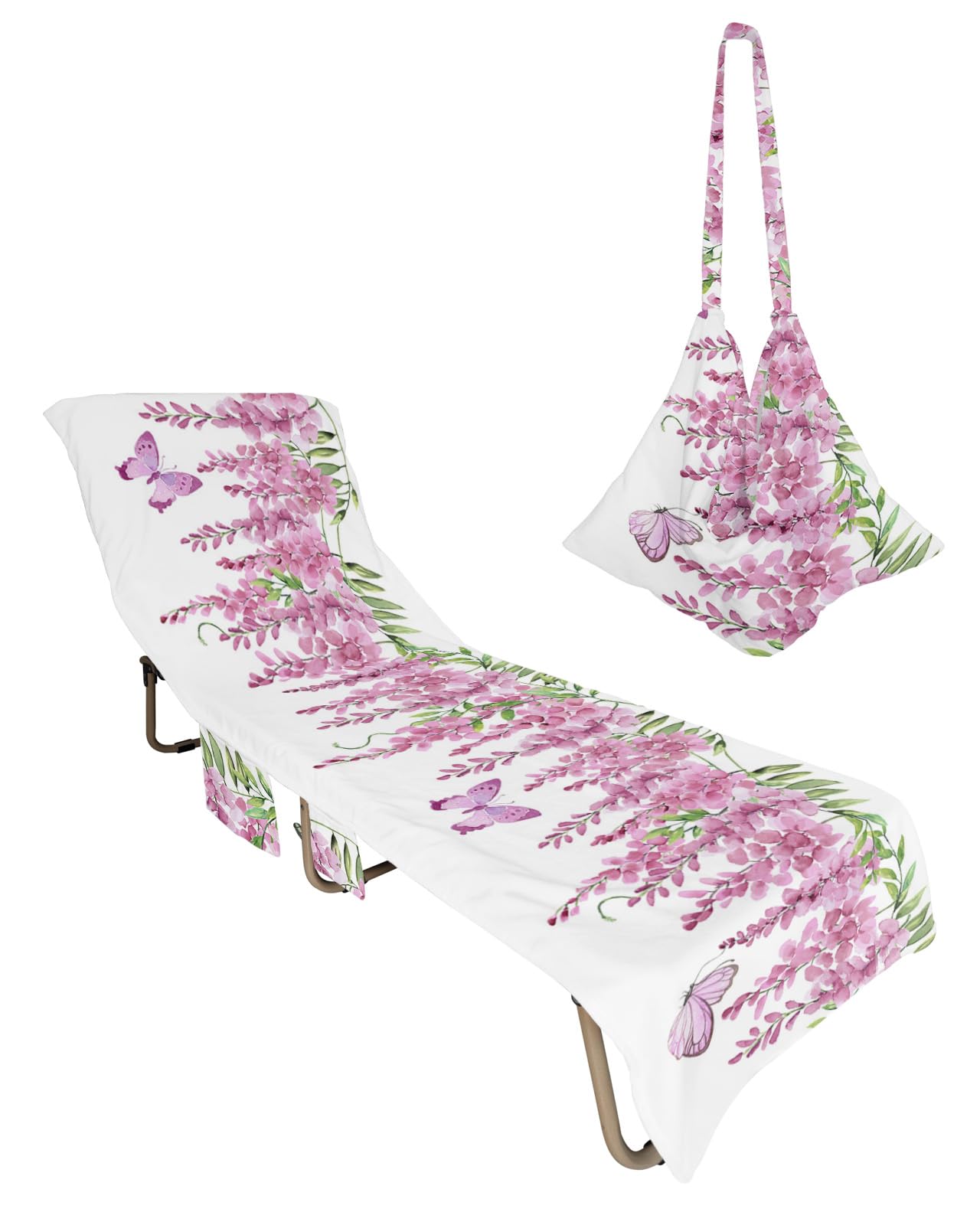 Pink Weeping Floral Beach Lounge Chair Towel Cover, Soft Chaise Lounge Towel with Side Pockets Patio Pool Chairs Cover for Beach/Pool Sunbathing 29x85 Spring Summer Botanical Butterfly