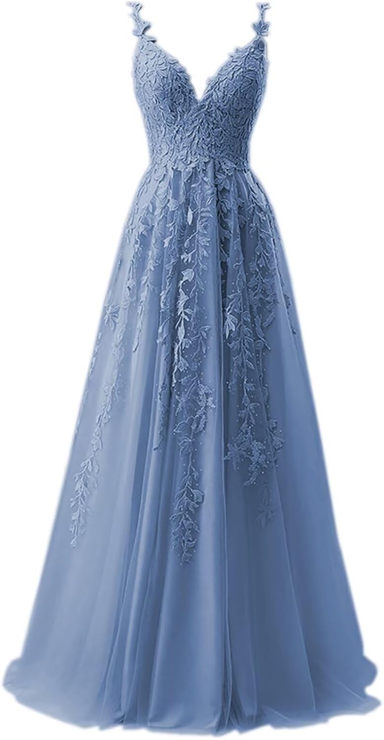 Lace Applique Tulle Prom Dress for Teens Long Cute Flowy A Line Spaghetti Straps V Neck Puffy Evening Ball Gown
