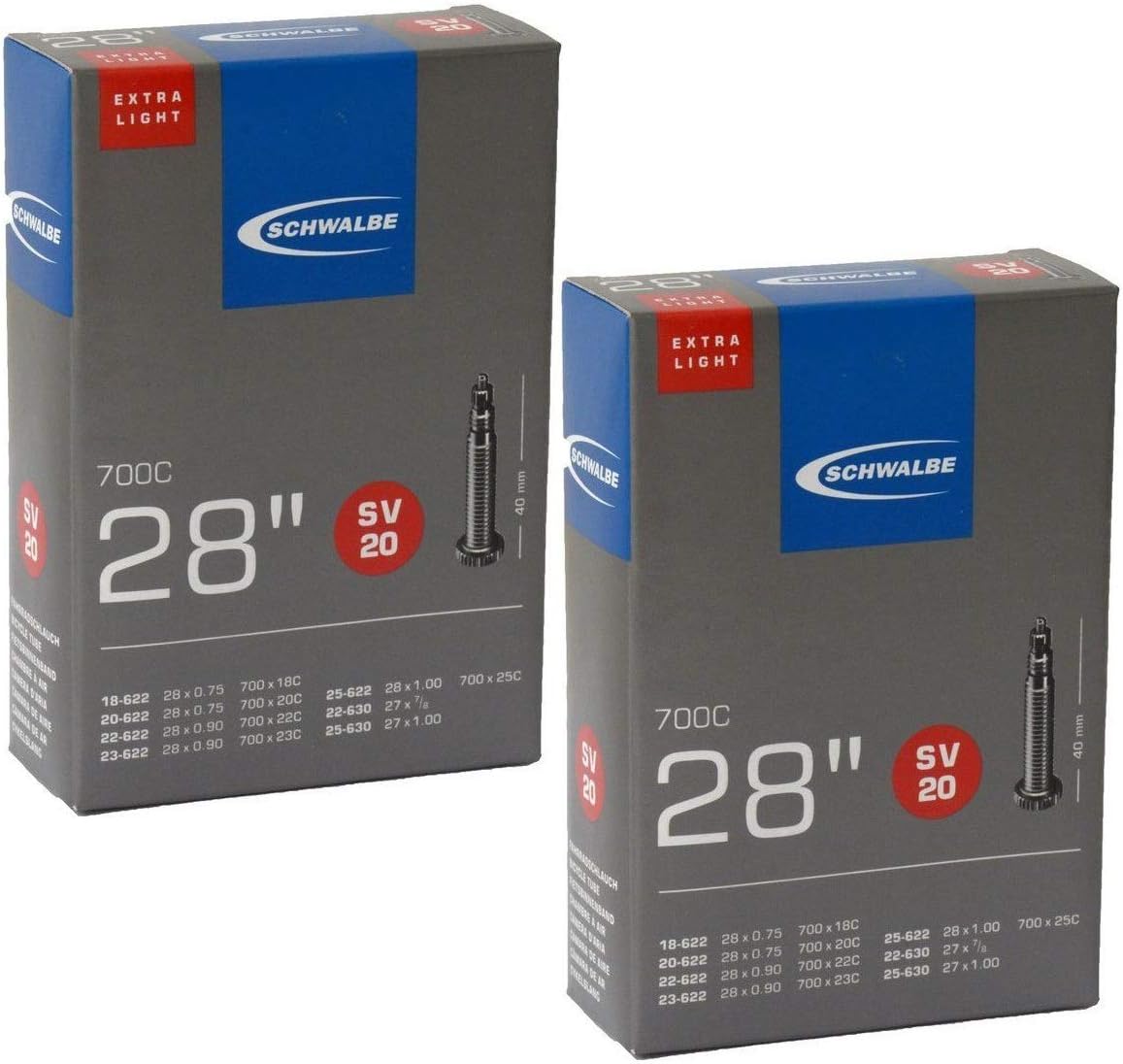 Schwalbe SV20 Extra Light Road Bike Race Tubes - 700 x 18-25C, 40mm Presta Valve (2 Pack)