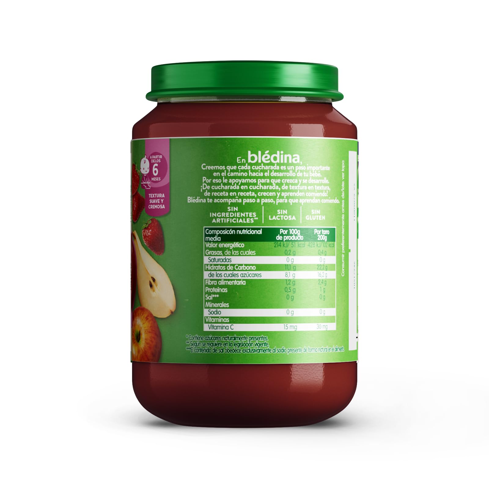 Blédina Tarritos de Manzana, Fresa y Pera para Bebé. Tarritos Blédina con Vitamina C y Sin Azúcares Añadidos. Alto contenido en fibra y Sin Lactosa. Desde los 6 Meses, Pack 6x200g