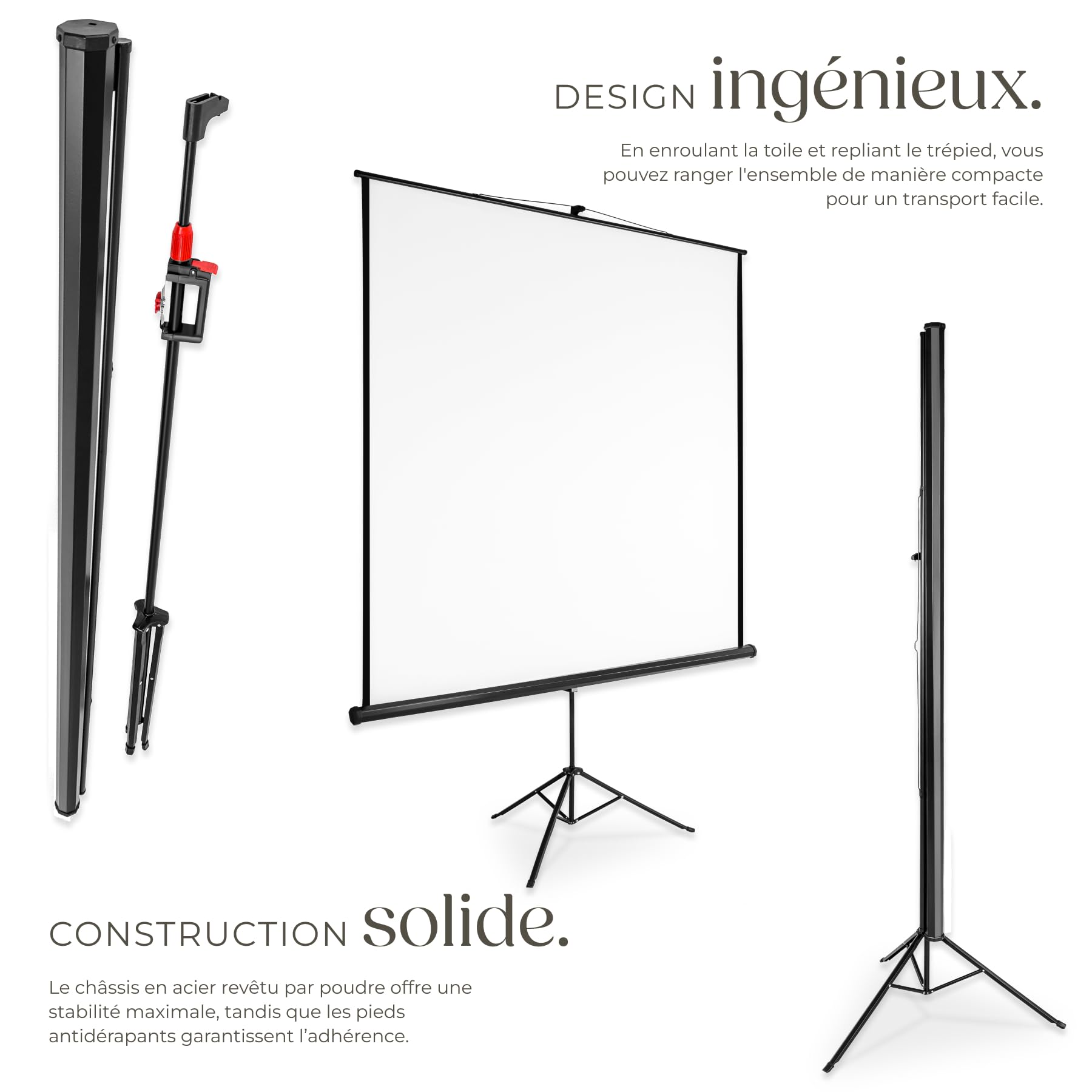 tectake® Écran de Projection avec trépied 203 x 203 cm, Toile projecteur 110" Format 1:1/16:9/4:3, Compatible HDTV et 3D, Ecran Projection rétractable pour videoprojecteur, Facteur de Gain 1.0