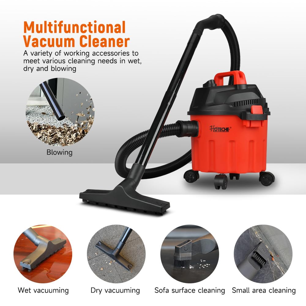 Hoteche Aspirador en seco y húmedo de 800 W, 10 L de capacidad, motor de alambre de cobre, recipiente de plástico, ideal para la familia y el taller