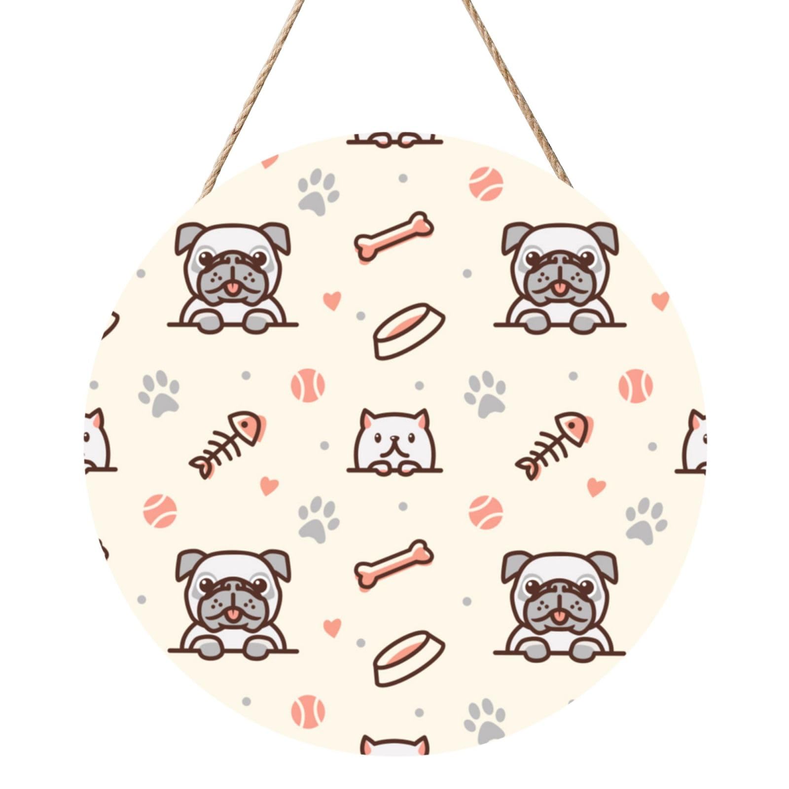 InOmak Pug Dog And Cat With Bone, Round Wood Panel Painting 12 in, Wall Hanging Painting For Home
