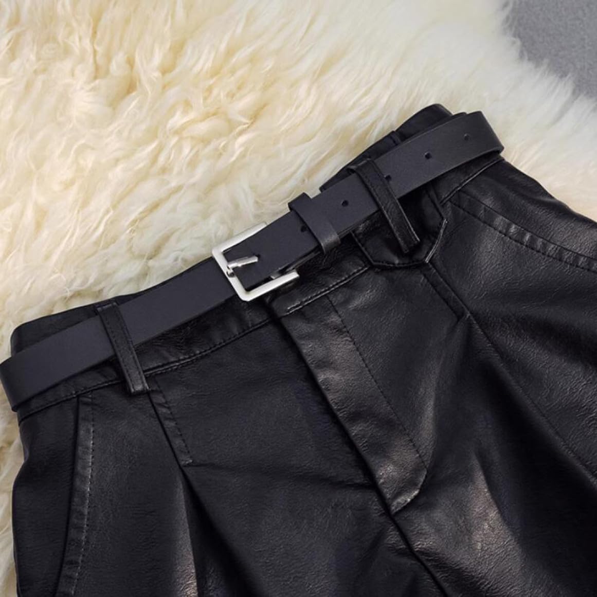 [MeipingQu] レディース PUレザー ショートパンツ ハーフパンツ キュロットパンツ ハイウエスト 短パン ショート丈 膝