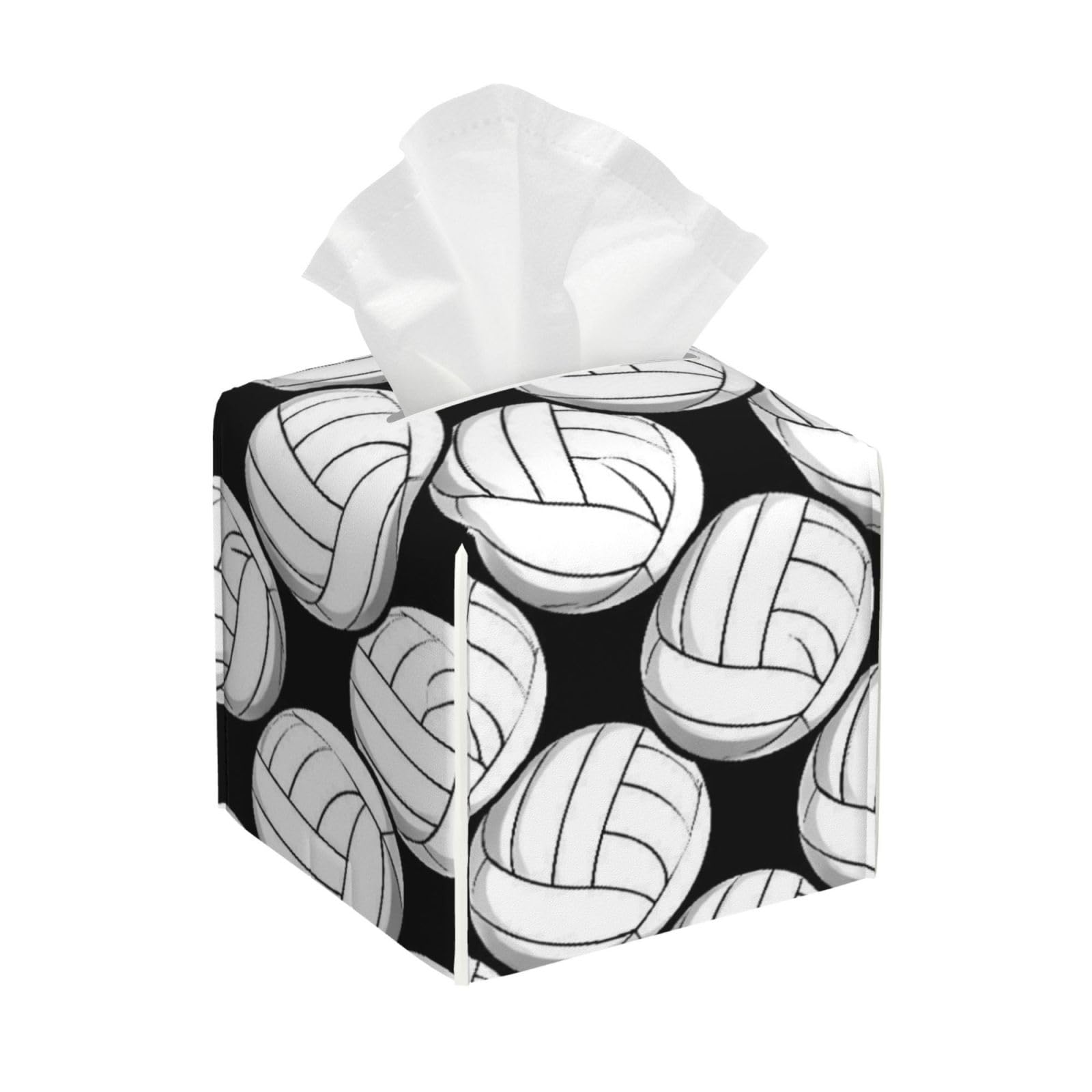 Black and White Volleyball Ball Leather Tissue Box Cover Holder Square Facial Paper Organizer 5.2" X 5.2" X 5.2"