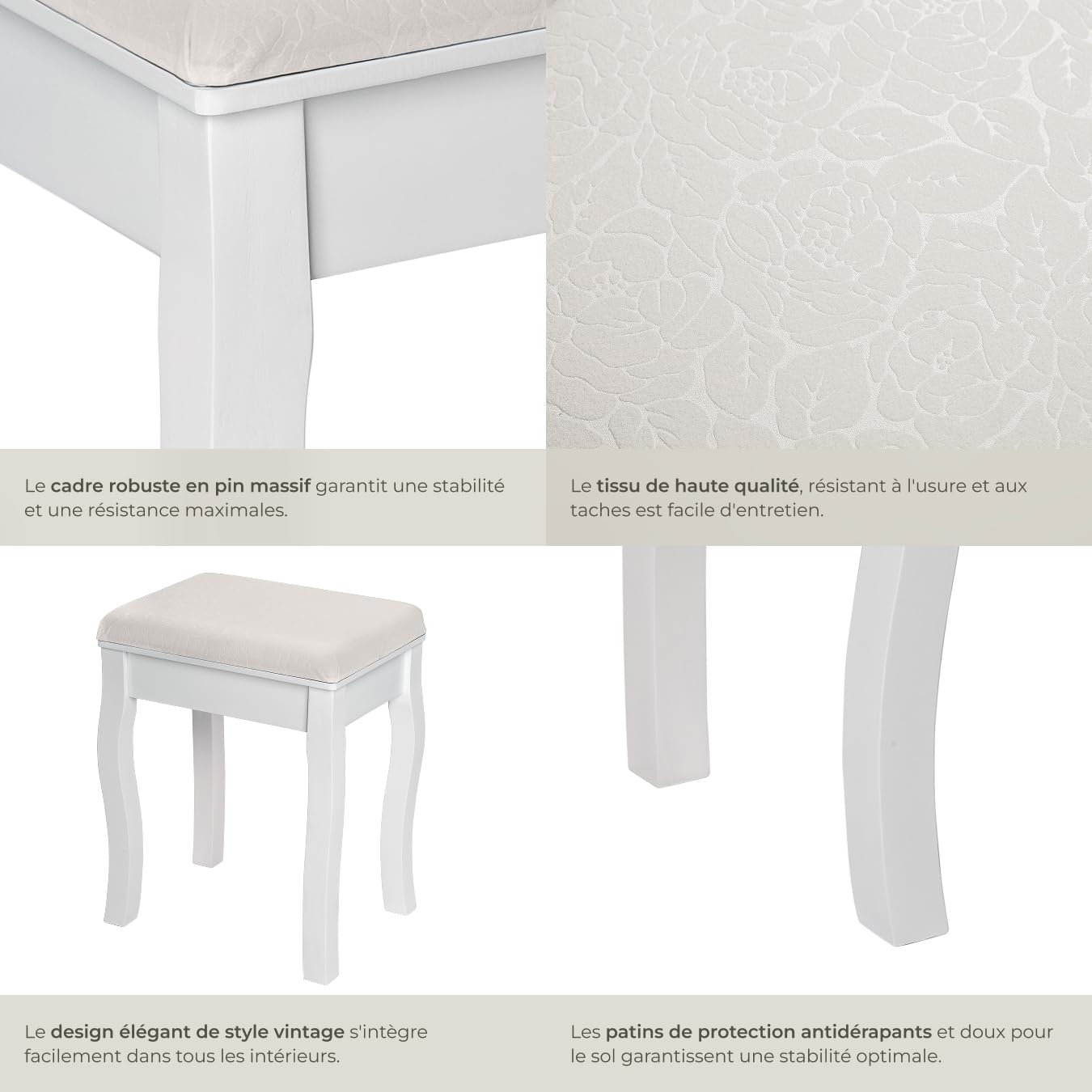 tectake® Tabouret Coiffeuse 40 x 30 x 51 cm, Chaise avec Coussin pour Coiffeuse Table de Maquillage Table manucure, Tabouret Piano Chaise Maquillage Pouf Banc Piano Décoration Chambre Salon, Blanc