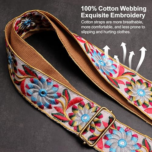 Image of Nefelibata Guitar Strap,Crazy Horse Leather Jacquard Embroidery Cotton Guitar Straps for Bass, Electric & Acoustic, Best Gifts for Guitarists(Retro White Daisy)